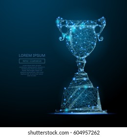 Abstract image of a champion cup in the form of a starry sky or space, consisting of points, lines, and shapes in the form of planets, stars and the universe. Vector business wireframe concept.