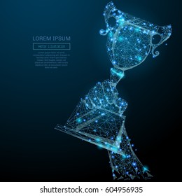 Abstraktes Bild einer Meistermeisterschaft in der Hand in Form eines Sternenhimmels oder Weltraums, bestehend aus Punkten, Linien und Formen in Form von Planeten, Sternen und dem Universum. Vectorbusiness-Wireframe-Konzept