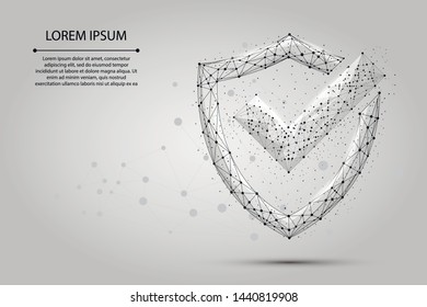 Abstract image of a Check mark on shield consisting of points, lines, and shapes. Polygonal wireframe mesh on night sky with dots and stars. Security, safe, privacy vector illustration