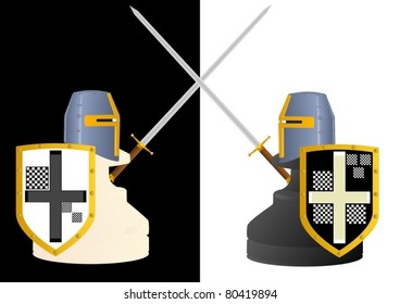 Abstract image of chess pieces in the style of medieval knights in black and white background.