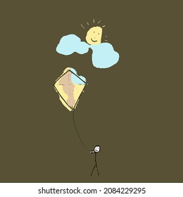 Abstract image of a child playing a kite. Simple childish illustration. Kids drawing.