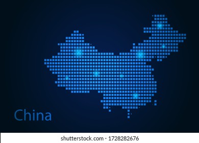 Abstract image China map from pixels blue and glowing stars on a dark background. Vector illustration eps 10.