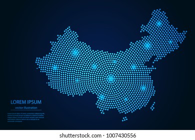 Abstract image China map from point blue and glowing stars on a dark background. vector illustration.