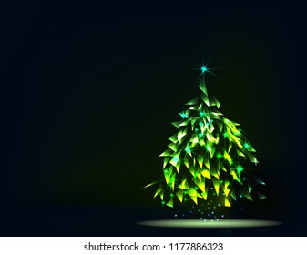 Abstract image of a Christmas tree in the form of a starry sky or space, consisting of points, lines, and shapes in the form of planets, stars and the universe. Christmassy vector wireframe concept.