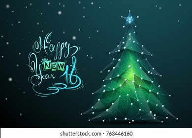 Abstract image of a Christmas tree in the form of a starry sky or space, consisting of points, lines, and shapes in the form of planets, stars and the universe. Vector happy new year nature concept.