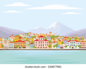 Abstract image of a coastal town. Vector background with the image of the sea coast and small houses.