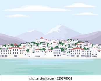 Abstract image of a coastal town. Vector background with the image of the sea coast and small houses.