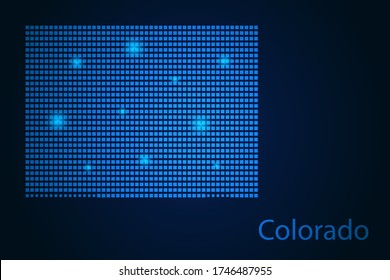 Abstraktes Bild Colorado Karte aus Pixeln blau und leuchtende Sterne auf einem dunklen Hintergrund. Vector Abbildung 10.