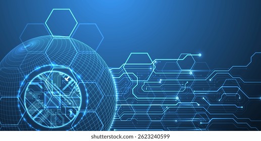 Abstract image of a computer chip in the middle of a wireframe sphere on a blue gradient. Vector