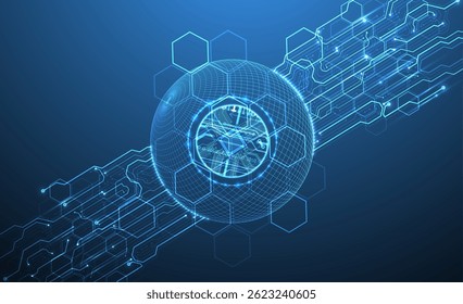 Abstract image of a computer chip in the middle of a wireframe sphere on a blue gradient. Vector