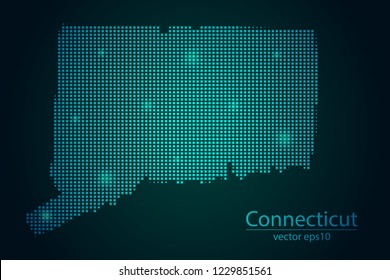 Abstract Image Connecticut Map From Pixel Emerald Green and Glowing Stars on a Dark Background. Vector illustration Eps 10.