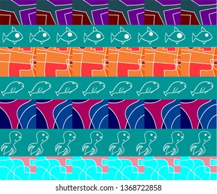 Abstract image consists of different shapes and fishes drawn by a line.