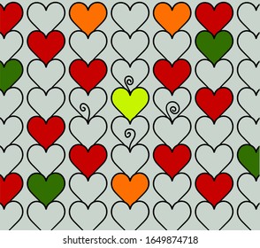 An abstract image consists of many colored hearts. Some of them have curlicues.
