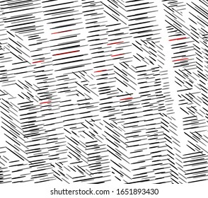 An abstract image consists of many short and long lines located diagonally. Some of them are red.

