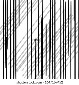 An abstract image consists of many vertical lines. Between them stands a small winged man.