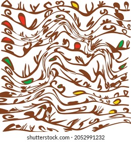 The abstract image contains many distorted objects. Some of them are filled with red, green and yellow colors. 