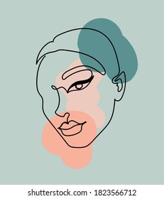 Abstract image with continuous black line of a woman's face on the colorful background. 