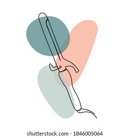 Abstract image with continuous black line of a hair curler with colorful abstract stains. Isolated on white.