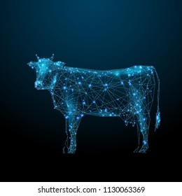 Abstract image of a cow in the form of a starry sky or space, consisting of points, lines, and shapes in the form of planets, stars and the universe. Animal vector wireframe concept