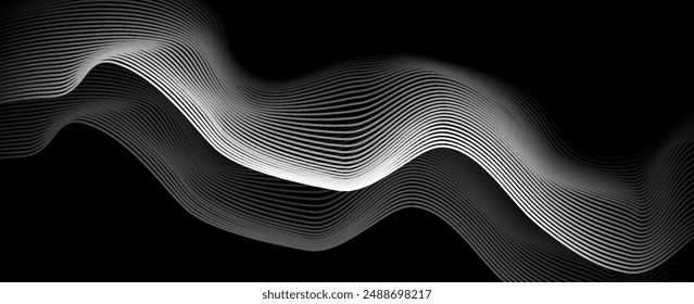 abstract image of creative glittering white wave curvy line design elements with minimal texture reflecting on isolated on black background