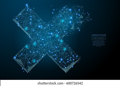 Abstract image of a cross X in the form of a starry sky or space, consisting of points, lines, and shapes in the form of planets, stars and the universe. Vector business wireframe concept.