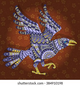 Abstract image of a crow on a dark floral background