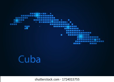 Abstract image Cuba map from pixels blue and glowing stars on a dark background. Vector illustration eps 10.