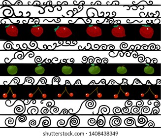 Abstract image with a lot of curlicues in a horizontal layout. Between the rows there are strawberries, cherries and apples.