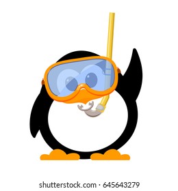 Abstract image of a cute penguin with a mask and snorkel. Cartoon style kid penguin on the beach. Symbol of vacations and summer holidays. Vector illustration