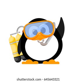 Abstract image of a cute penguin with a mask and scuba. Cartoon style kid penguin on the beach. Symbol of vacations and summer holidays. Vector illustration
