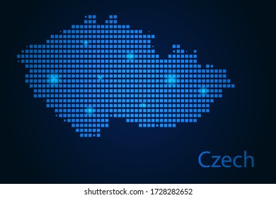 Imagen abstracta de un mapa de República Checa de píxeles azules y brillantes estrellas en un fondo oscuro. Ilustración vectorial eps 10.