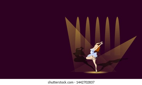 abstract image of a dancing ballerina in the rays of spotlights against a dark burgundy background. dark art wallpaper. author's drawing. vector