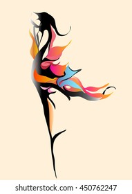 abstract image of a dancing female figure of colored lines on a light background in the form of a flame