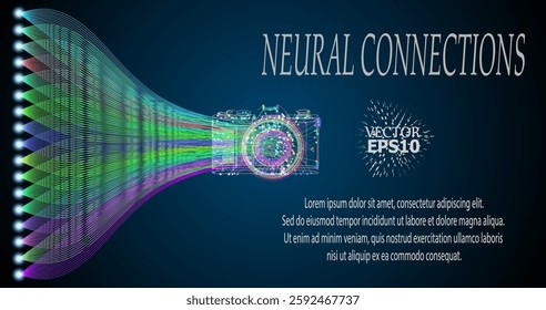 An abstract image of a data stream forming the silhouette of a camera. The glowing lines symbolize the neural network and information processing, creating a futuristic and technological style.