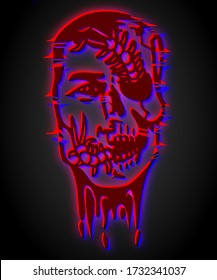 Abstract image of Death. Human head with half bare skeleton and scolopendra crawling inside.