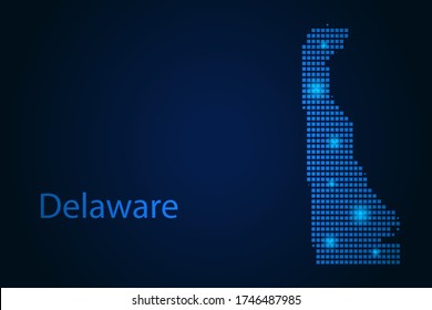 Abstract image Delaware map from pixels blue and glowing stars on a dark background. Vector illustration eps 10.