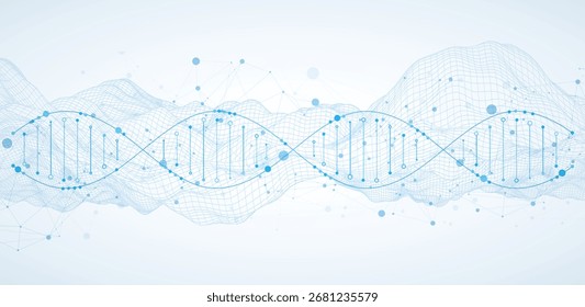 Imagem abstrata da molécula de DNA na onda wireframe. Vetor científico de fundo.