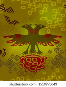 Abstract image of the double eagle and the sun in the style of ancient Indians on golden background. Seamless pattern. EPS10 vector illustration.