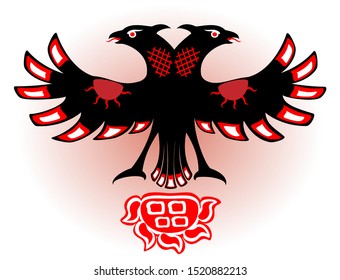 Abstract image of the double eagle and the sun in the style of ancient Indians on light background. EPS10 vector illustration.