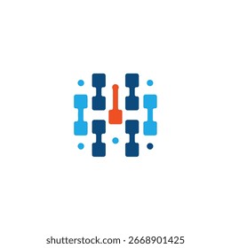 Abstract image of dumbbells arranged in a square, with a red dumbbell in the center.