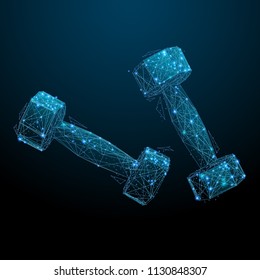 Abstract image of dumbells in the form of a starry sky or space, consisting of points, lines, and shapes in the form of planets, stars and the universe. Sport and exercise vector wireframe concept
