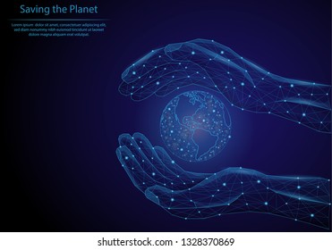 Abstract image Earth in hands in the form of a starry sky or space, consisting of points, lines, and shapes in the form of planets. Low poly vector background.