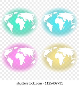 Abstract image of the earth with white continents with transparent backlighting of turquoise, green, feulette and yellow background colors. Vector illustration on a transparent background