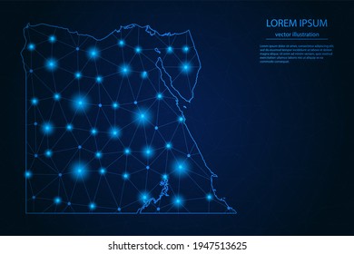 Abstract image Egypt map - With Blue Glow Dots And Lines On Dark Gradient Background, 3D Mesh Polygon Network Connection, Vector Illustration Eps 10.