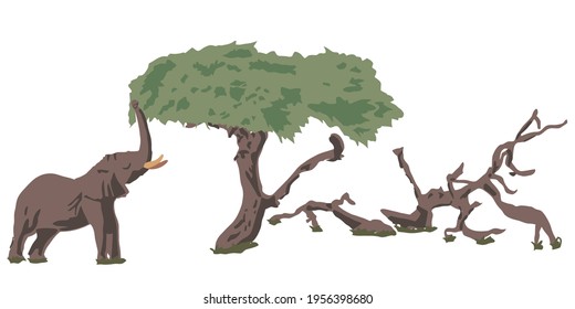 abstract image of an elephant eating leaves from a tree, trees in africa, color illustration, skinali