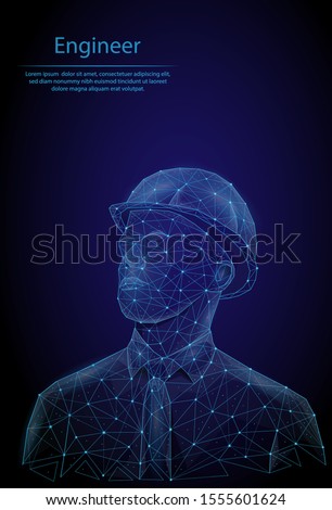 Abstract image engineer in helmet in the form of a starry sky or space, consisting of points, lines, and shapes in the form of planets, stars. 3D Low poly vector background.Worker, man in shirt.