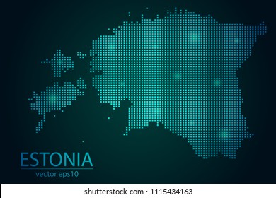 Abstract Image Estonia Map From Pixel Emerald Green and Glowing Stars on a Dark Background. Vector illustration Eps 10.