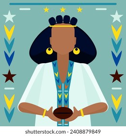 An abstract image of an Ethiopian woman in a light outfit holding a coffee bean on a grey and turquoise background.