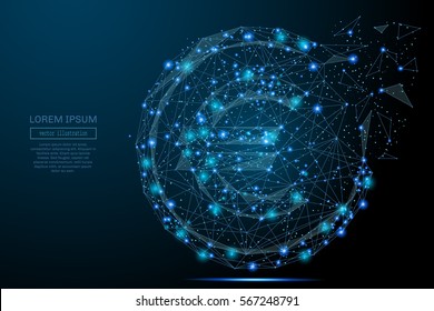 Abstract image of a euro cent in the form of a starry sky or space, consisting of points, lines, and shapes in the form of planets, stars and the universe. Vector coin wireframe concept.