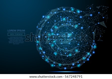 Abstract image of a euro cent in the form of a starry sky or space, consisting of points, lines, and shapes in the form of planets, stars and the universe. Vector coin wireframe concept.